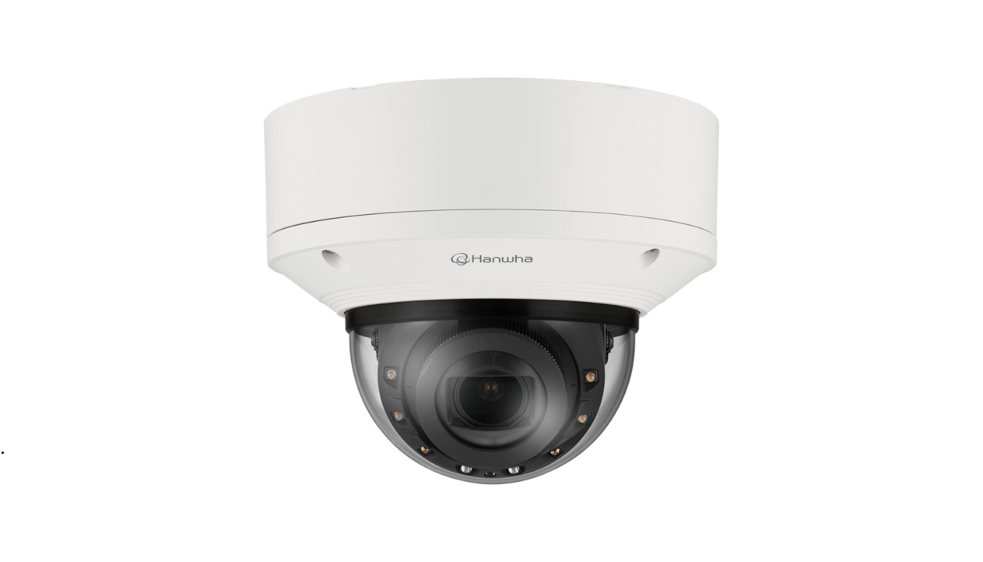 Hanwha Vision XND-6083RV AI-powered dome security camera installed indoors, providing advanced surveillance and analytics